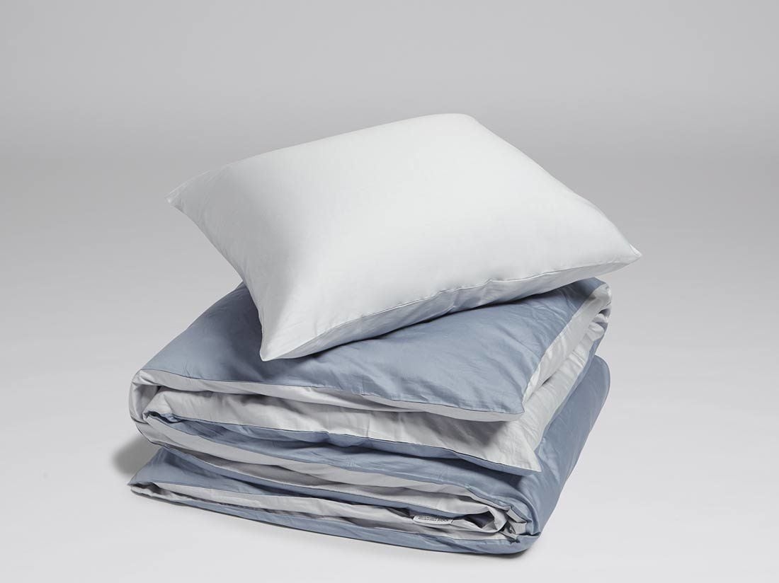 Parure de lit satin de coton double face bleu 140x220 + 1/60x70