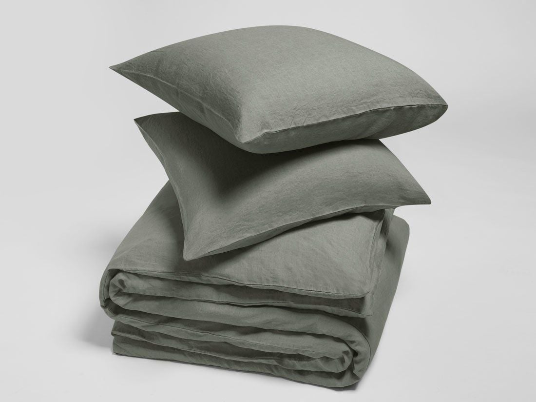 Parure de lit lin lavé vert pierre 200x220 + 2/60x70