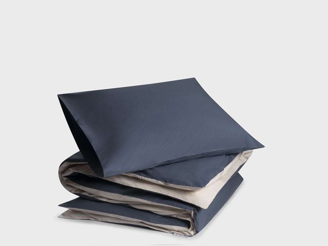 Parure de lit percale de coton double face bleu/sable 140x220 + 1/60x70