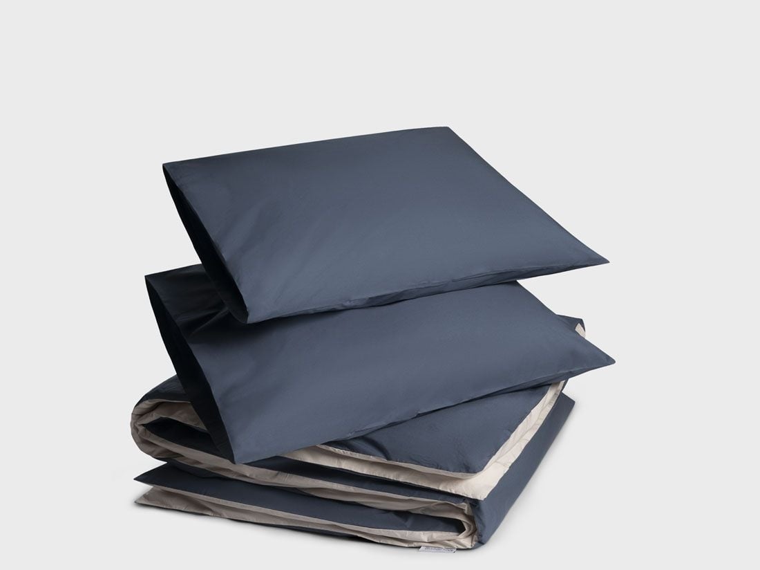 Parure de lit percale de coton double face bleu/sable 240x220 + 2/60x70
