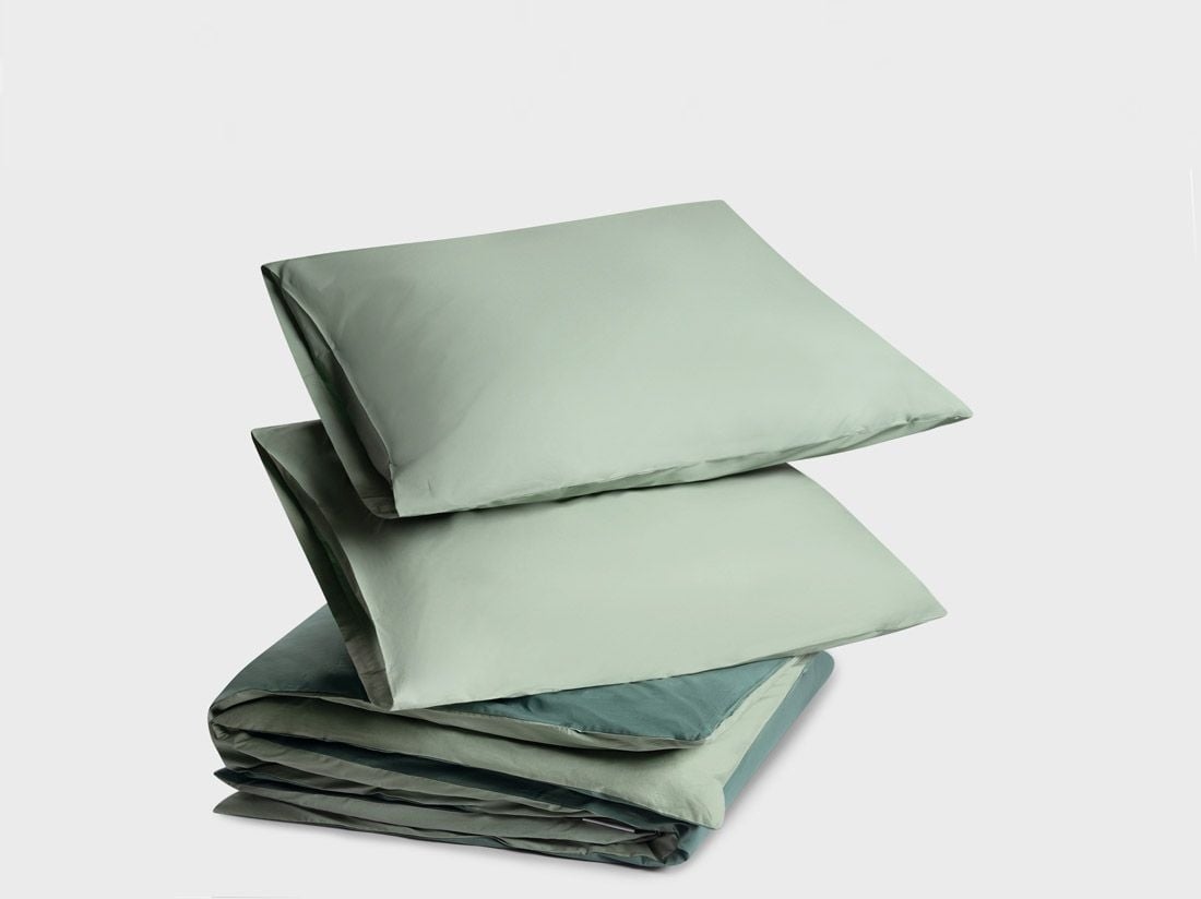 Parure de lit percale de coton double face vert jade/forêt 200x220 + 2/60x70