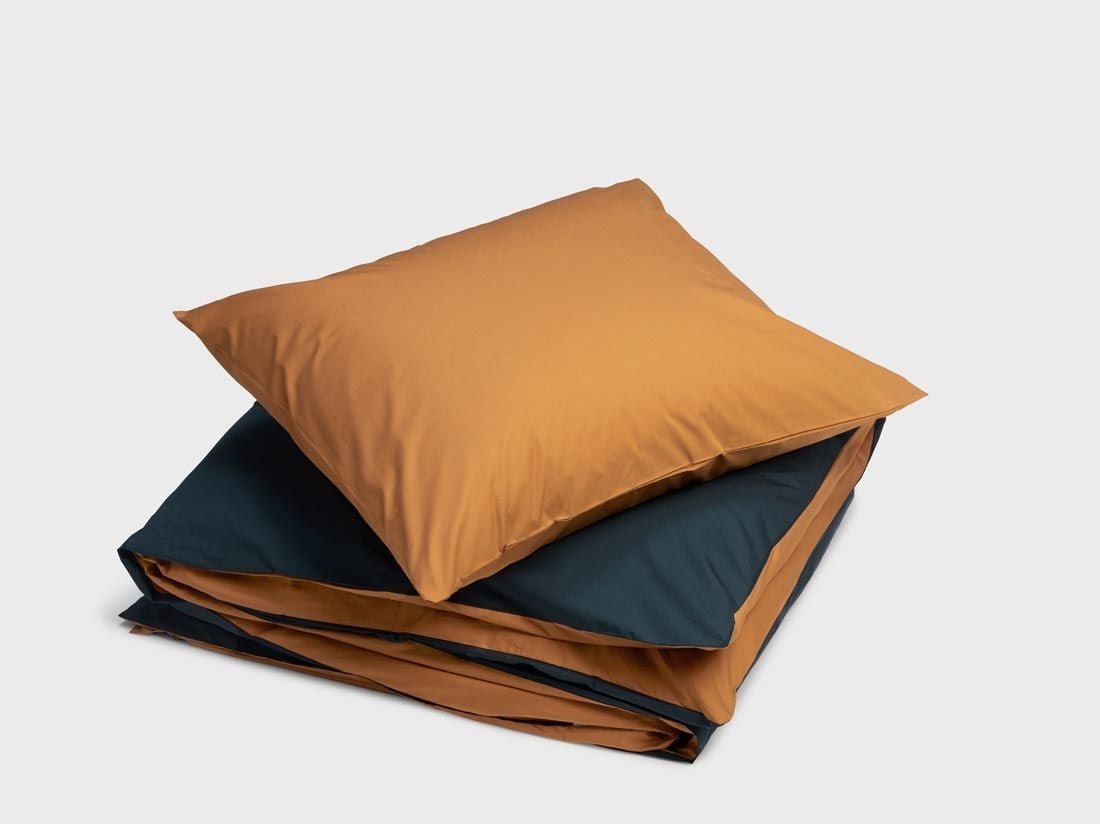 Parure de lit percale de coton double face ocre/bleu marine 140x220 + 1/60x70