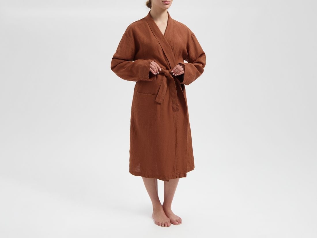 Kimono badjas gewassen linnen almond brown