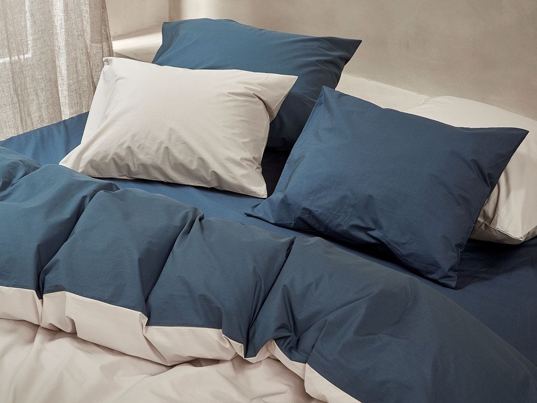 Dekbedovertrek percal katoen double face blue/sand