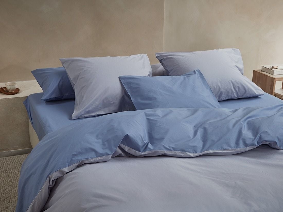 Parure de lit percale de coton double face bleu lavande/serein 240x220 + 2/60x70