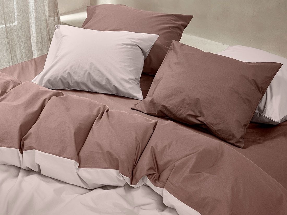 Parure de lit percale de coton double face rose/mauve