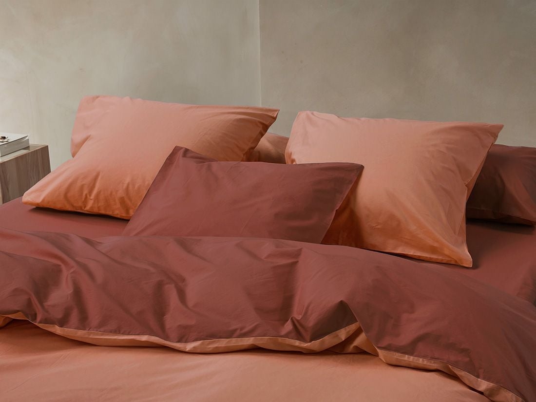 Parure de lit percale de coton double face terracotta/rouge rouille