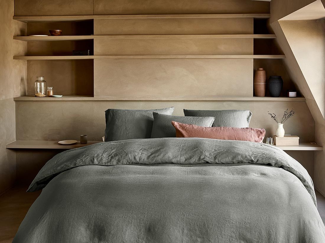 Parure de lit lin lavé vert pierre 140x220 + 1/60x70