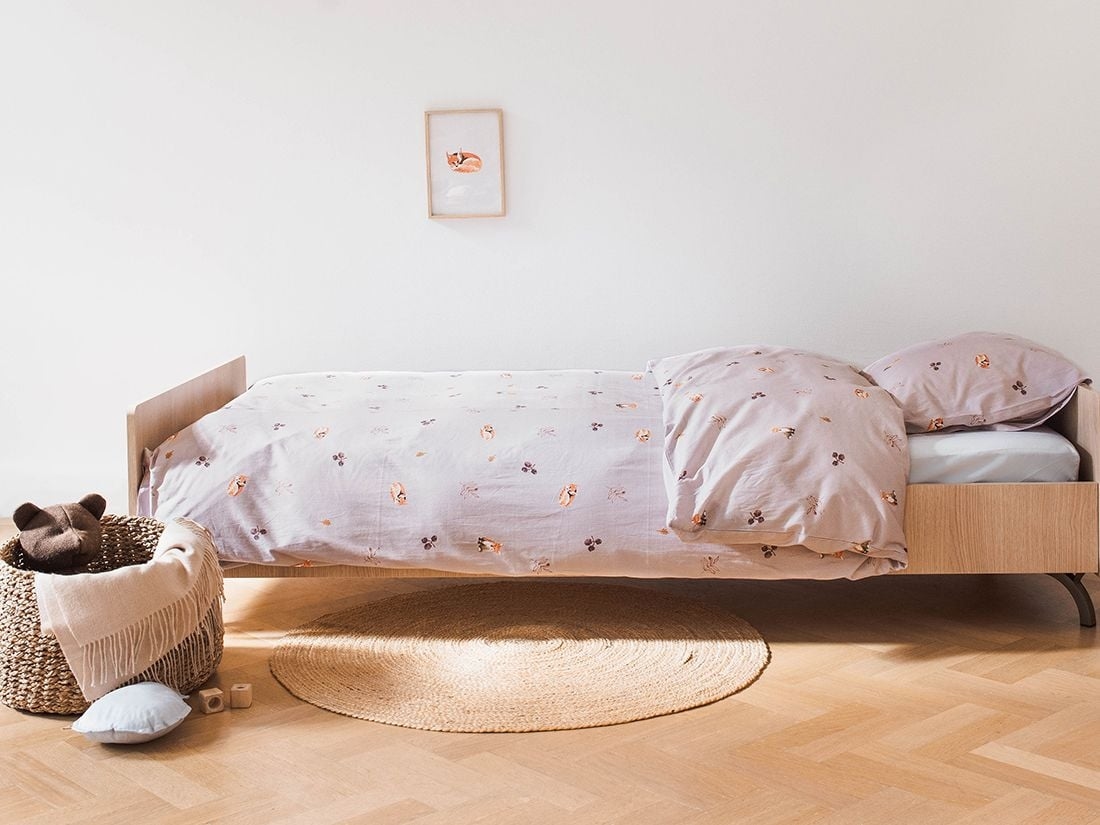 Housse de couette enfant satin de coton petit renard mauve