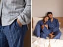 Pantalon de pyjama flanelle de coton pour homme bleu denim à rayures blanches