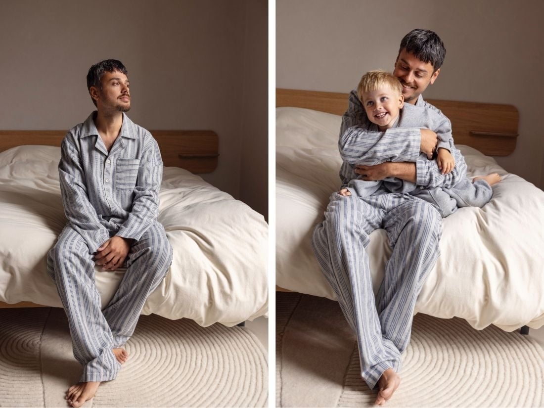 Pyjamaset heren flanel light grey/blue stripe