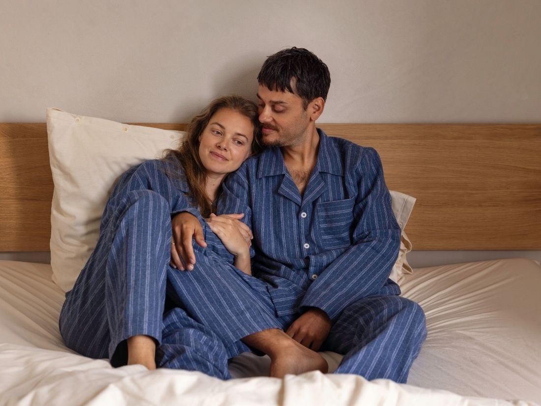 Pyjamashirt heren flanel denim blue/white stripe