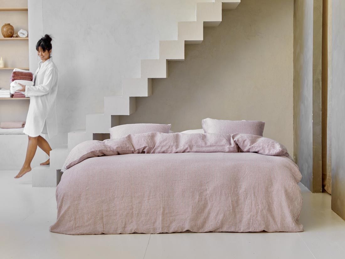 Parure de lit lin lavé rayure rose 240x220 + 2/60x70