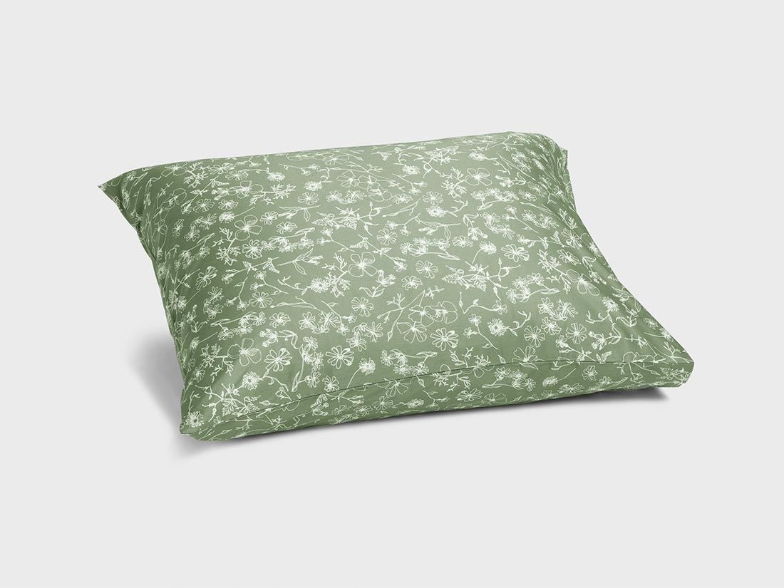 Taie d'oreiller satin de coton champs de fleurs vert d'olive 50x60