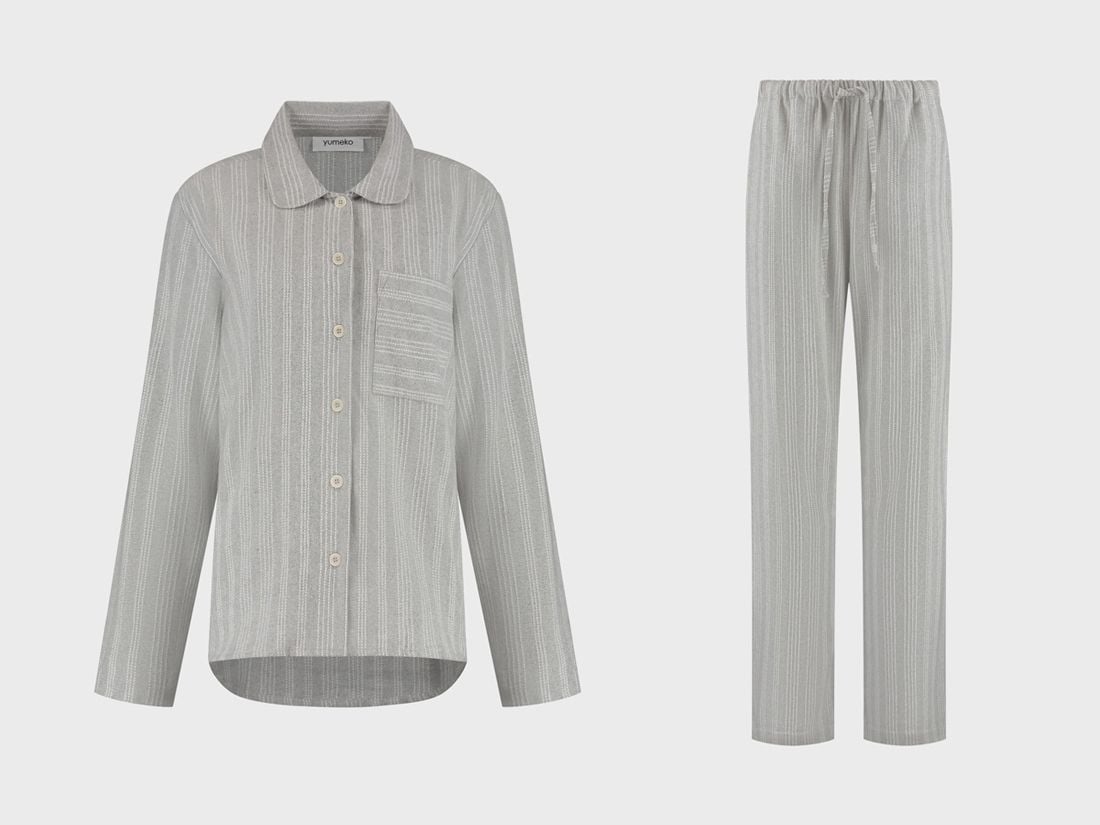 Pyjamaset dames flanel light grey/white stripe