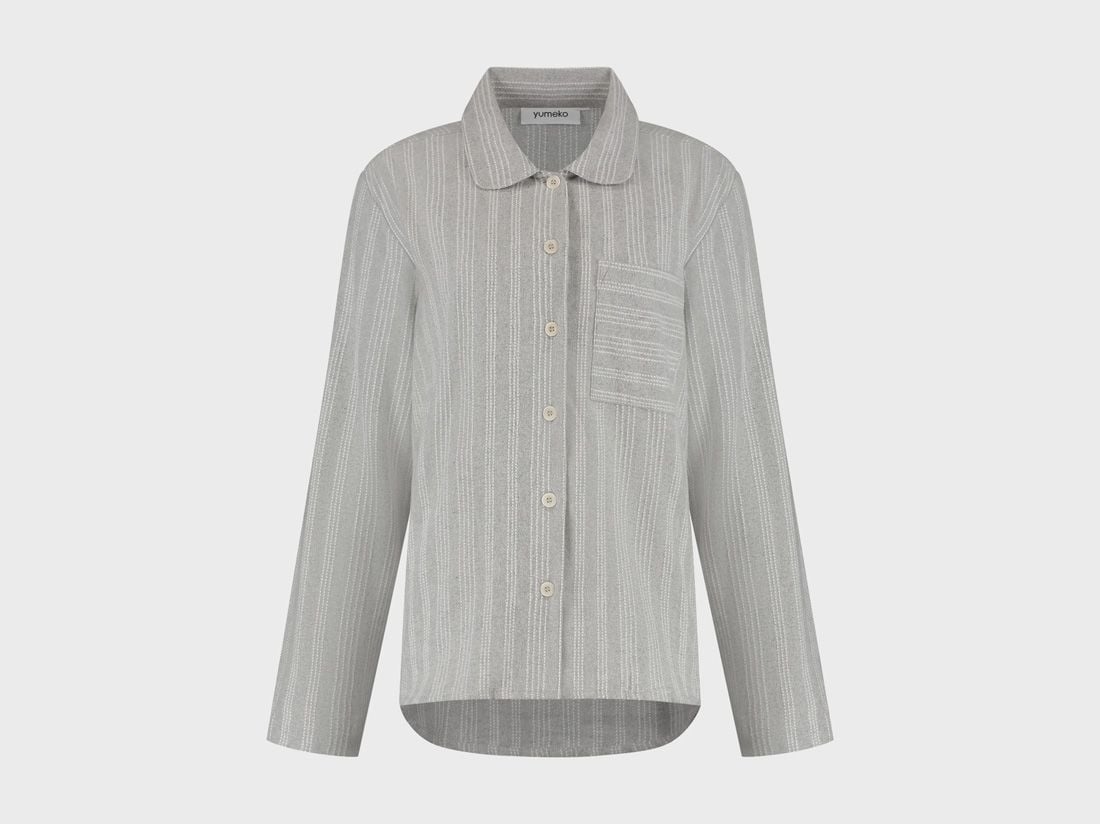 Pyjamashirt dames flanel light grey/white stripe