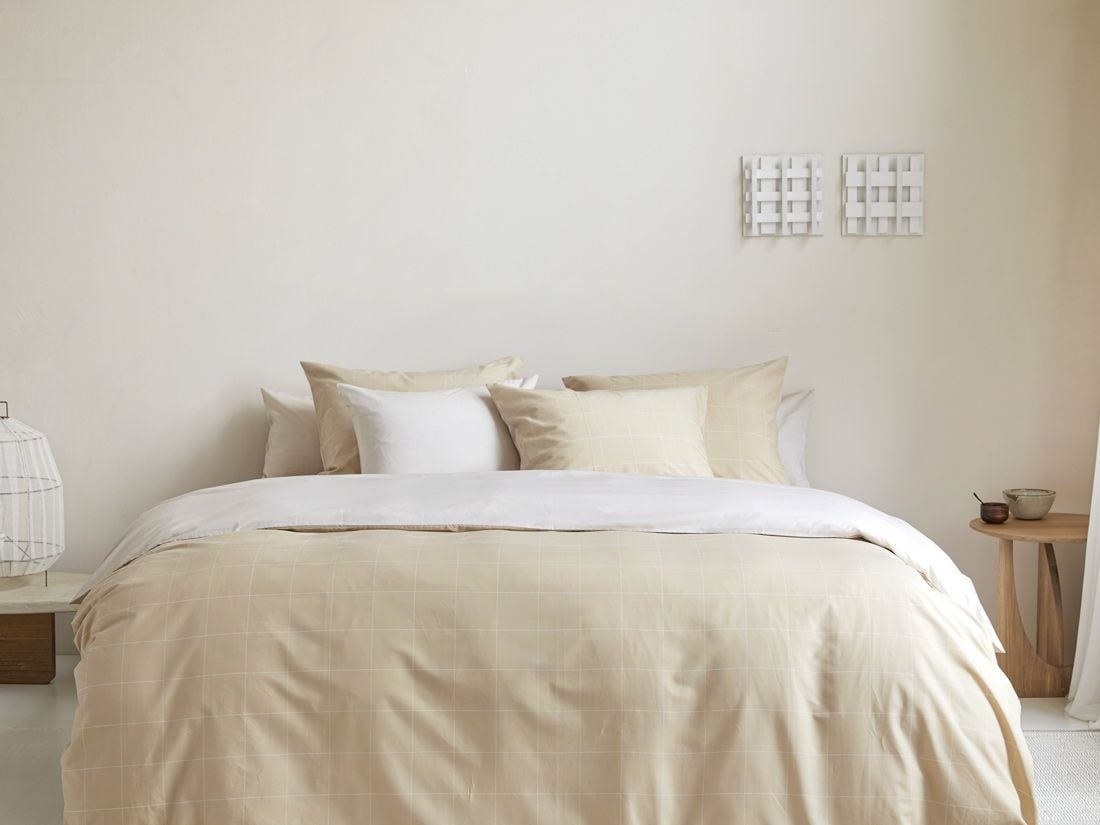 Parure de lit coton TENCEL™ double face latte à carreaux/chambray