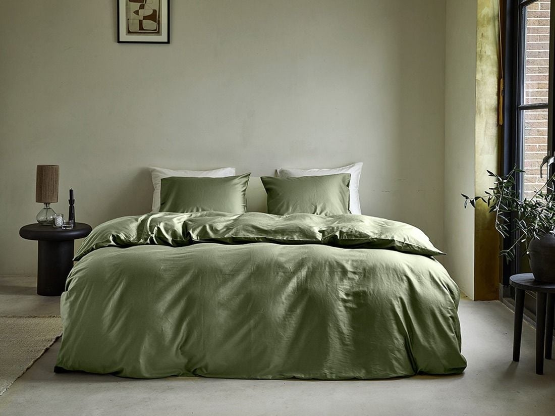 Parure de lit satin de coton vert olive moyen
