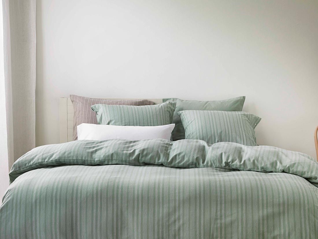 Parure de lit flanelle de coton vert à rayures blanches