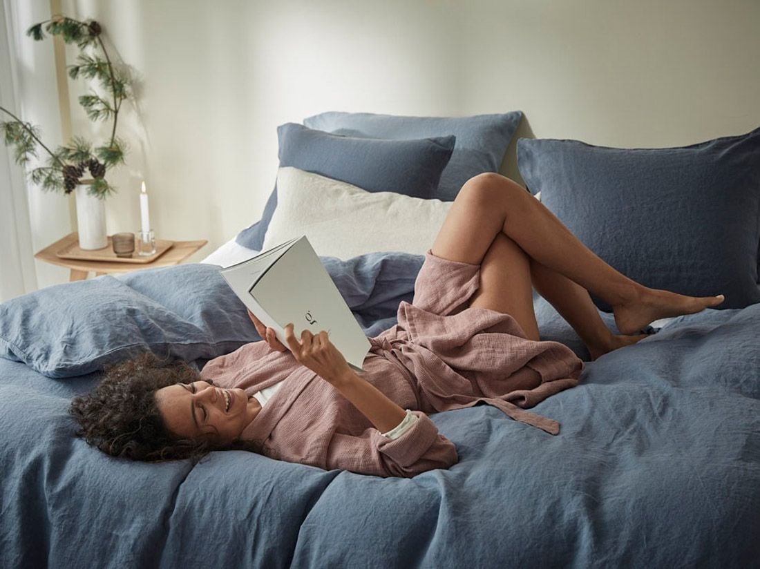 Parure de lit lin lavé bleu terre