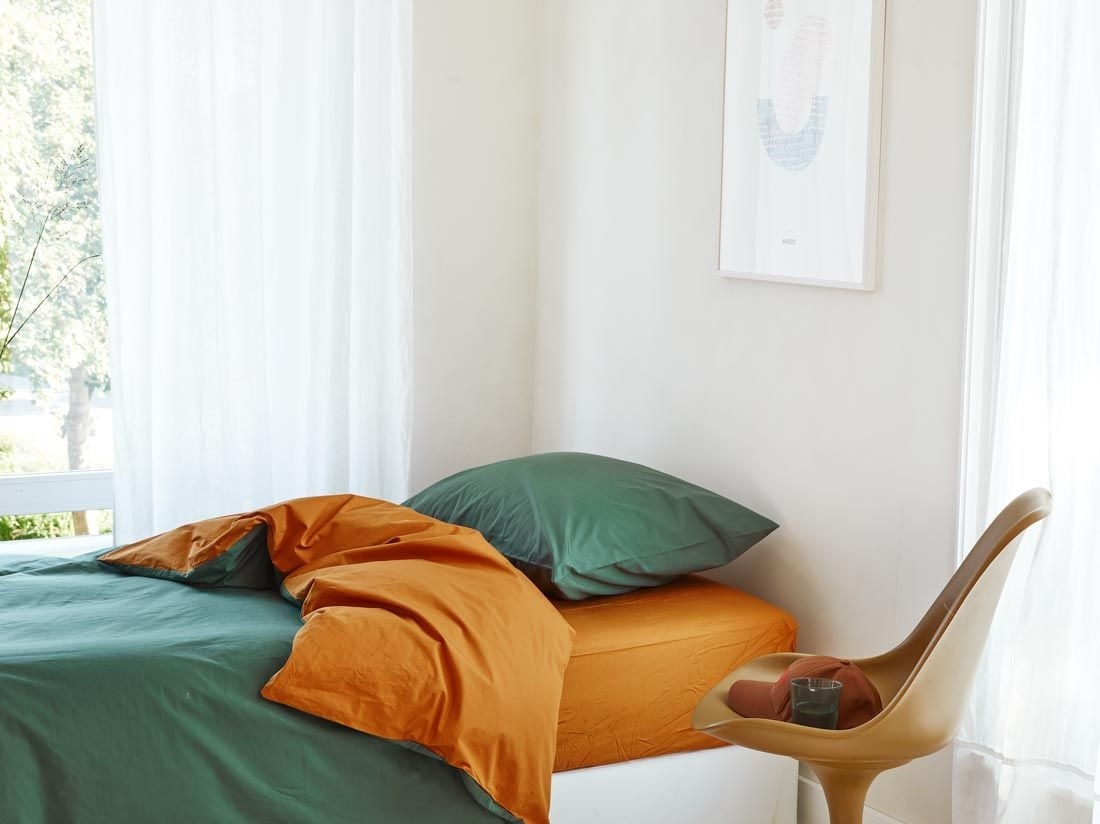 Parure de lit percale de coton double face forêt/ocre 140x220 + 1/60x70