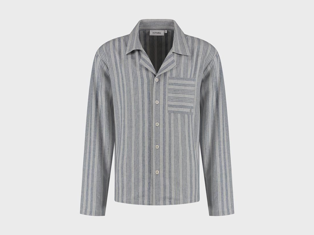 Pyjamashirt heren flanel light grey/blue stripe