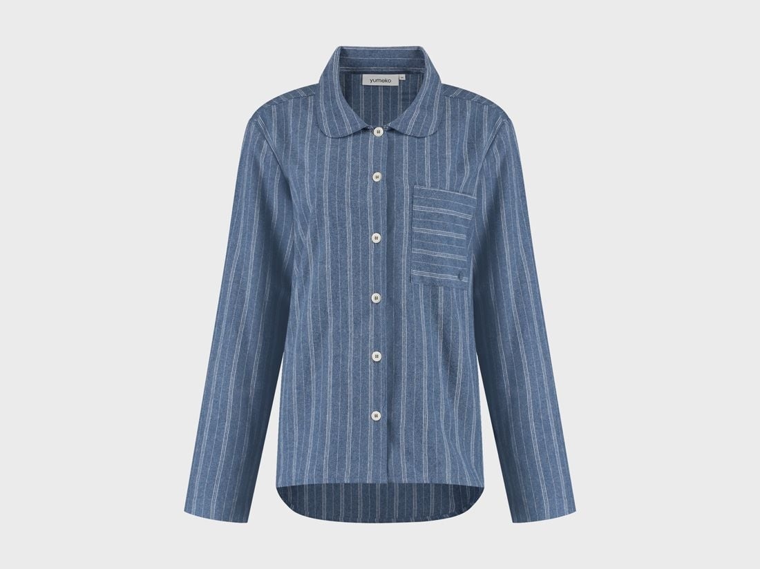 Pyjamashirt dames flanel denim blue/white stripe