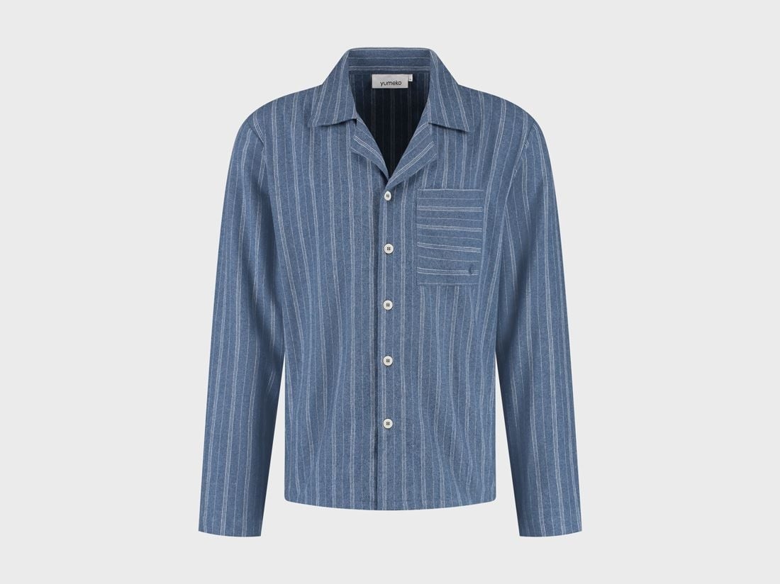 Pyjamashirt heren flanel denim blue/white stripe