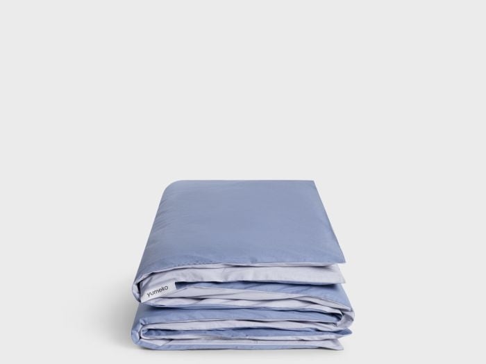 Housse de couette enfant percale de coton double face bleu lavande/serein