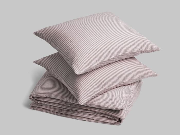 Parure de lit lin lavé rayure rose